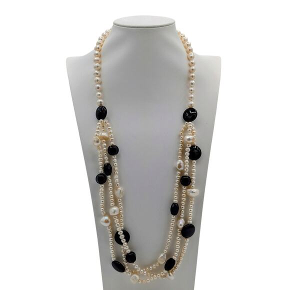 Vintage Genuine Pearl Black Stone One Strand to Three Sterling Toggle Necklace - Picture 1 of 11